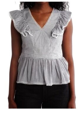 Nanette Lepore Gingham Top Ruffle Sleeve Top Babydoll Black and White Sz Medium
